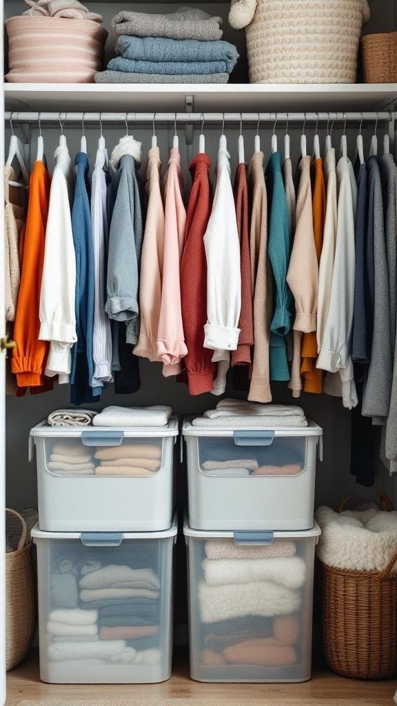 A neatly organized closet with seasonal clothing and storage bins.