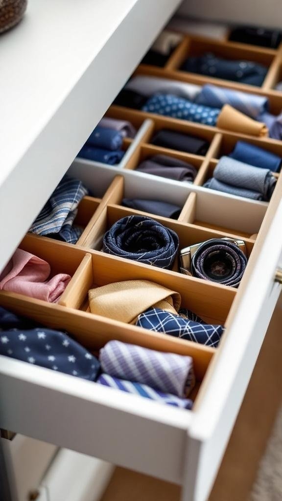 A neatly organized drawer with ties and accessories separated by wooden dividers.