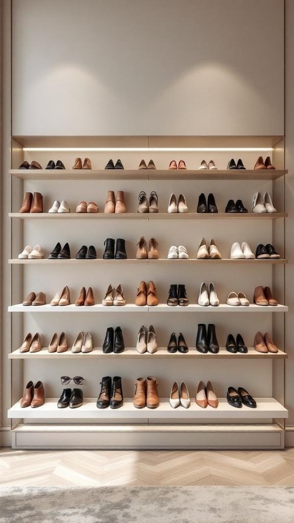 A neatly organized shoe wall with various styles of shoes on open shelves.