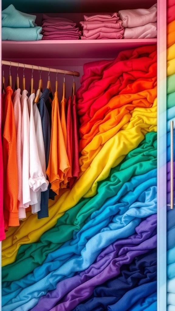 A neatly organized closet with clothes arranged in a rainbow gradient.