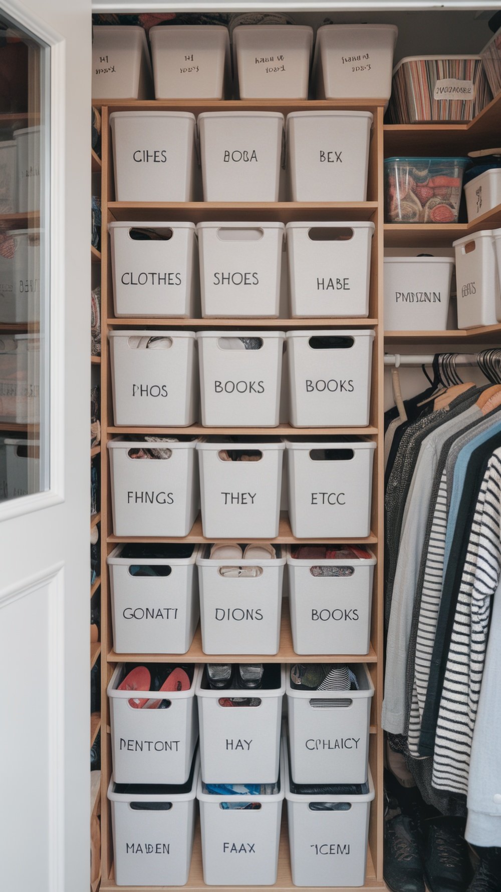 Storage bins with labels in a closet