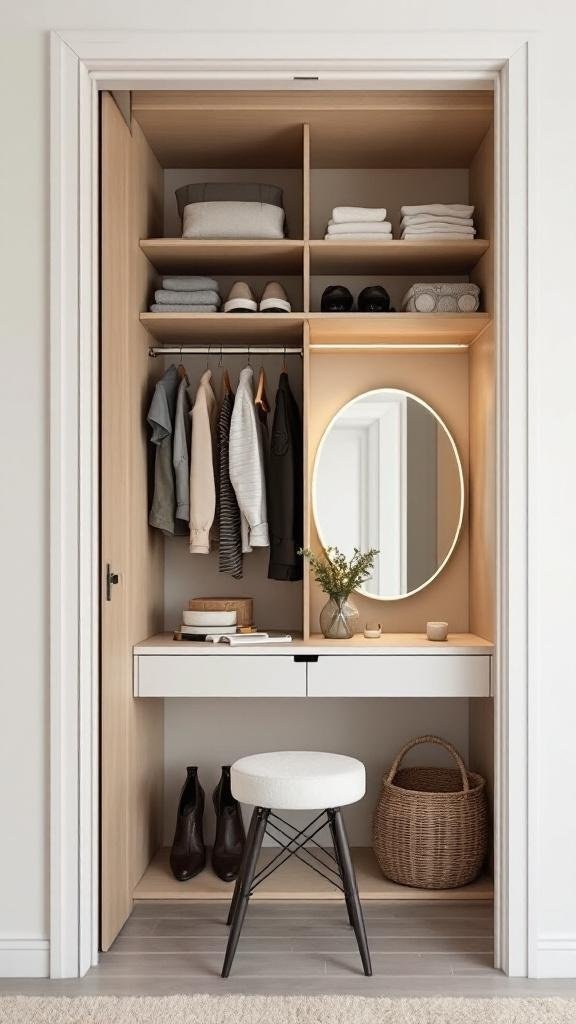 A well-organized closet featuring shelves, a mirror, a stool, and neatly arranged clothing and accessories.