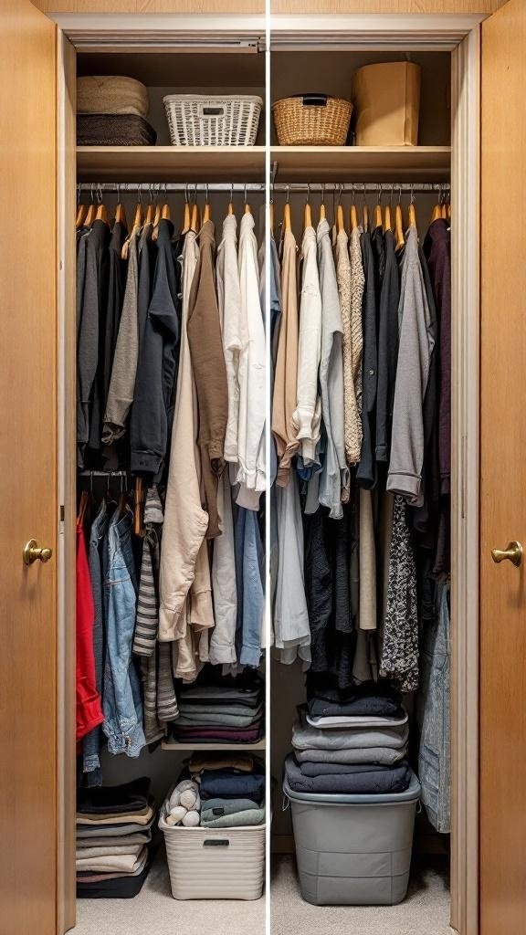 A well-organized closet with neatly hung clothes and folded items.