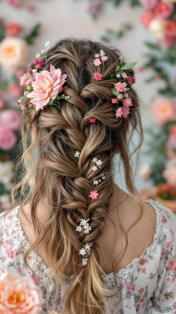 A beautiful braided half-up, half-down hairstyle adorned with flowers.