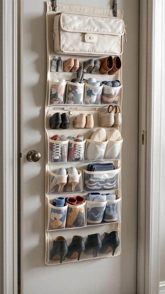 An over-the-door organizer filled with shoes and accessories.