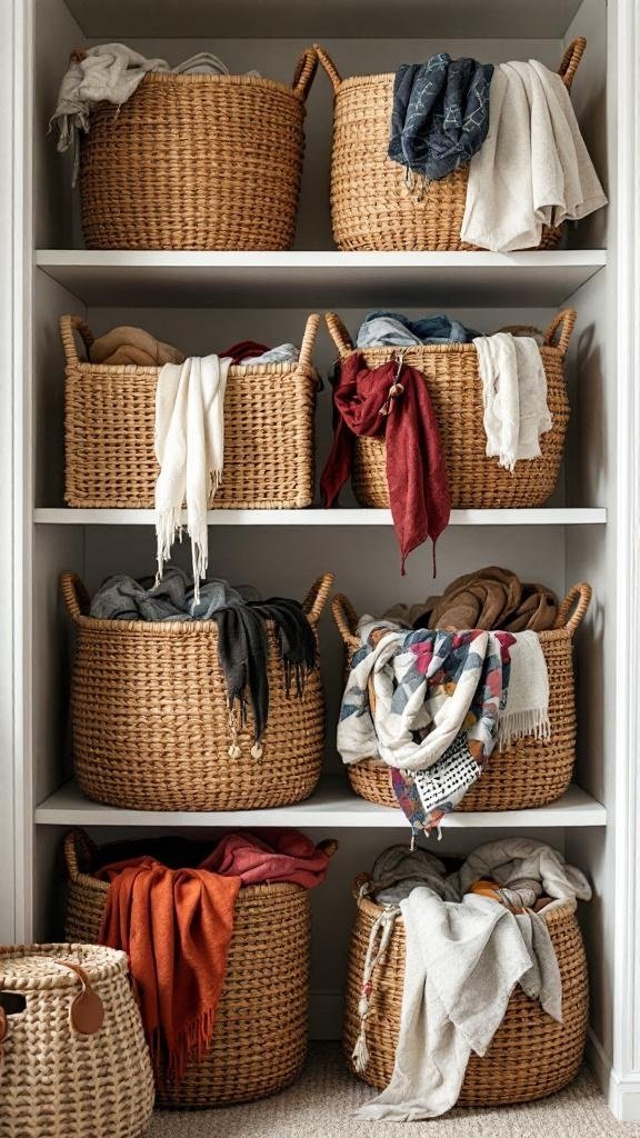 A neatly organized closet with woven baskets holding various accessories.