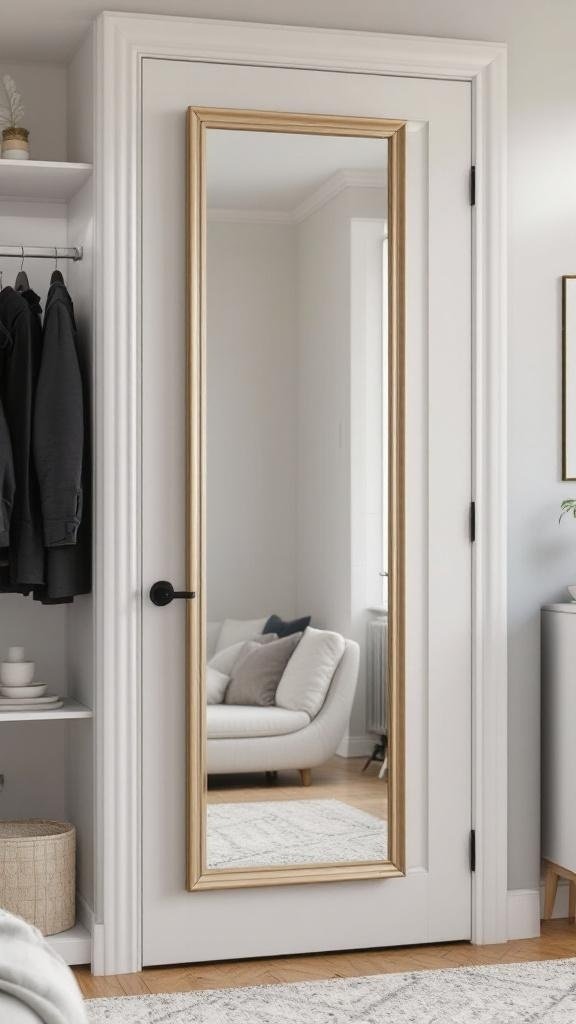 A full-length mirror with a gold frame mounted on a closet door.