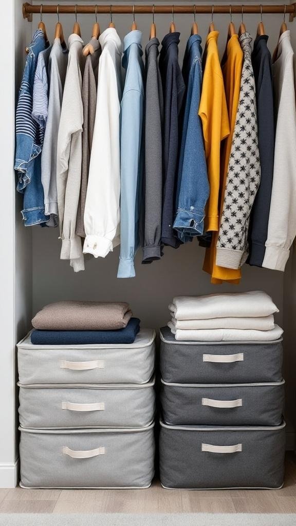 A neatly organized closet with hanging clothes and fabric storage bags.