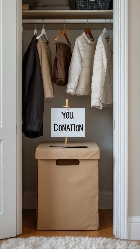 A closet with a donation box labeled 'YOU DONATION' and hanging clothes.