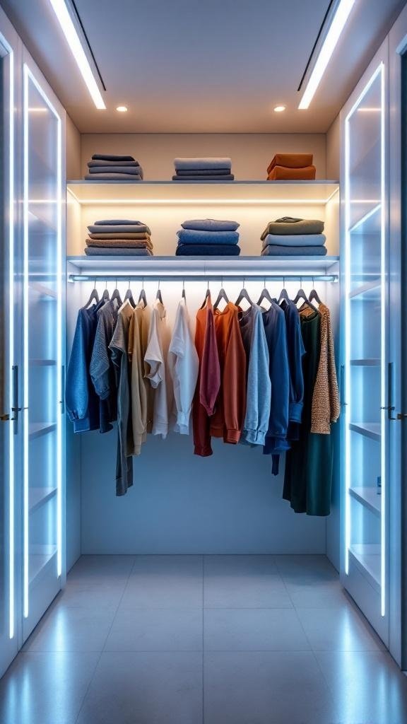 A well-organized closet with bright LED lighting, showcasing neatly folded clothes and hanging garments.