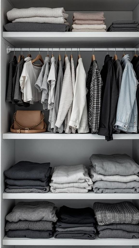 Organized closet with folded clothes and hanging shirts on shelf risers.