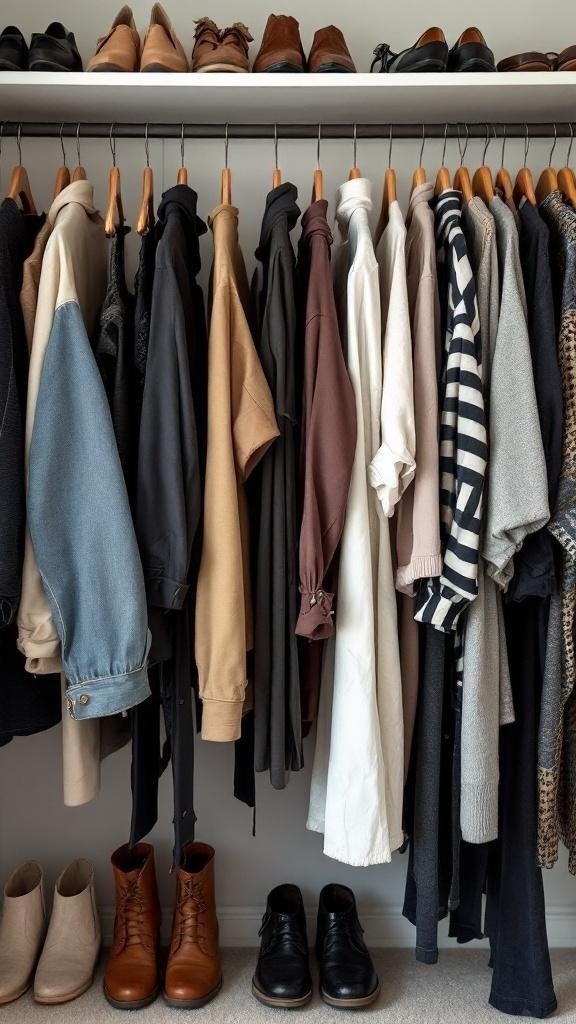 A neatly organized closet with clothes hanging and shoes displayed.