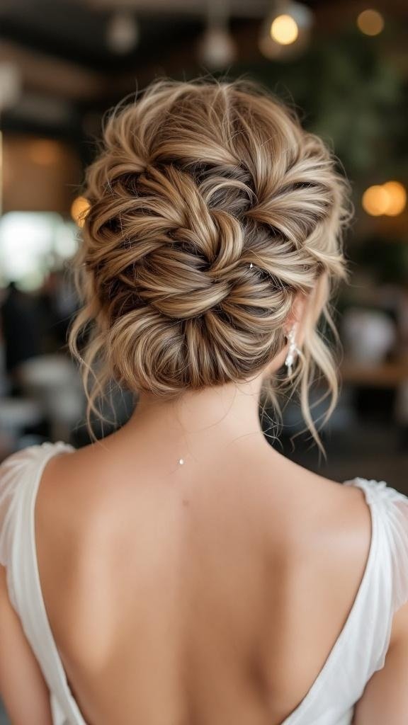 A beautiful textured braided updo hairstyle for weddings.