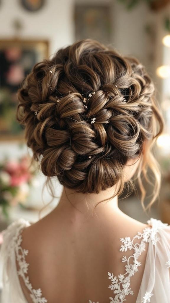 A beautiful artistic braided updo hairstyle with delicate floral accents.