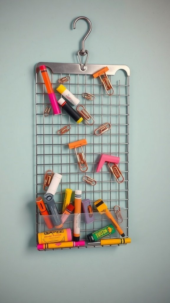 A magnetic spice rack filled with colorful markers, paper clips, and other small school supplies.