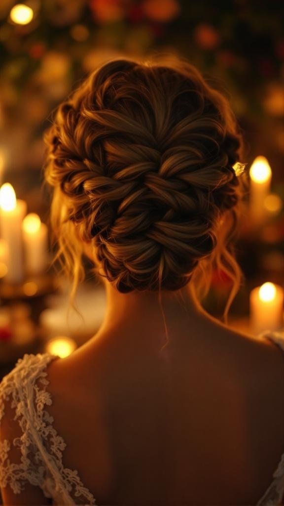 A romantic twisted braid hairstyle, elegantly styled for a wedding.