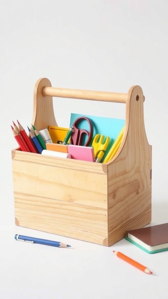 A wooden supply caddy filled with colorful school supplies, including pencils, scissors, and sticky notes.