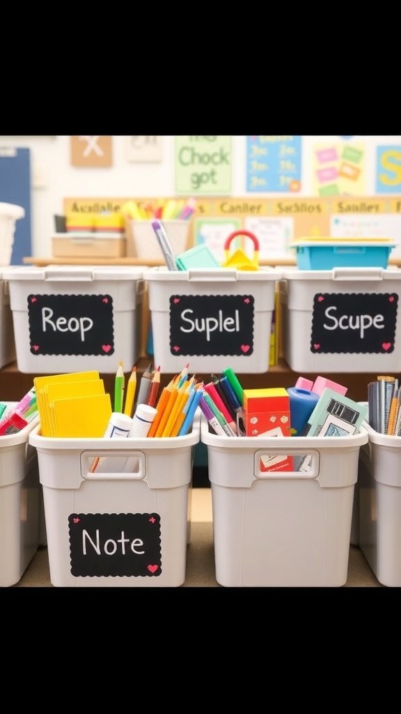 Organized bins with chalkboard labels for school supplies.