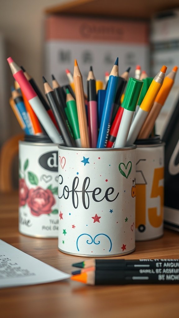 Colorful coffee cans filled with pencils and markers on a desk.