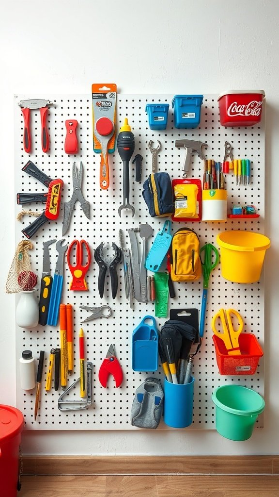 A wall-mounted pegboard displaying various tools and school supplies in organized fashion.