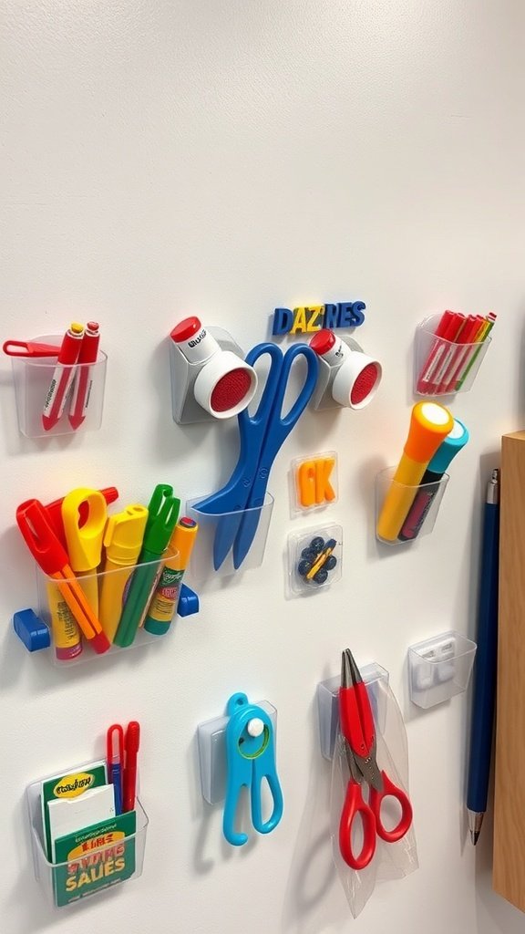 Colorful suction cup holders displaying various school supplies on a wall.