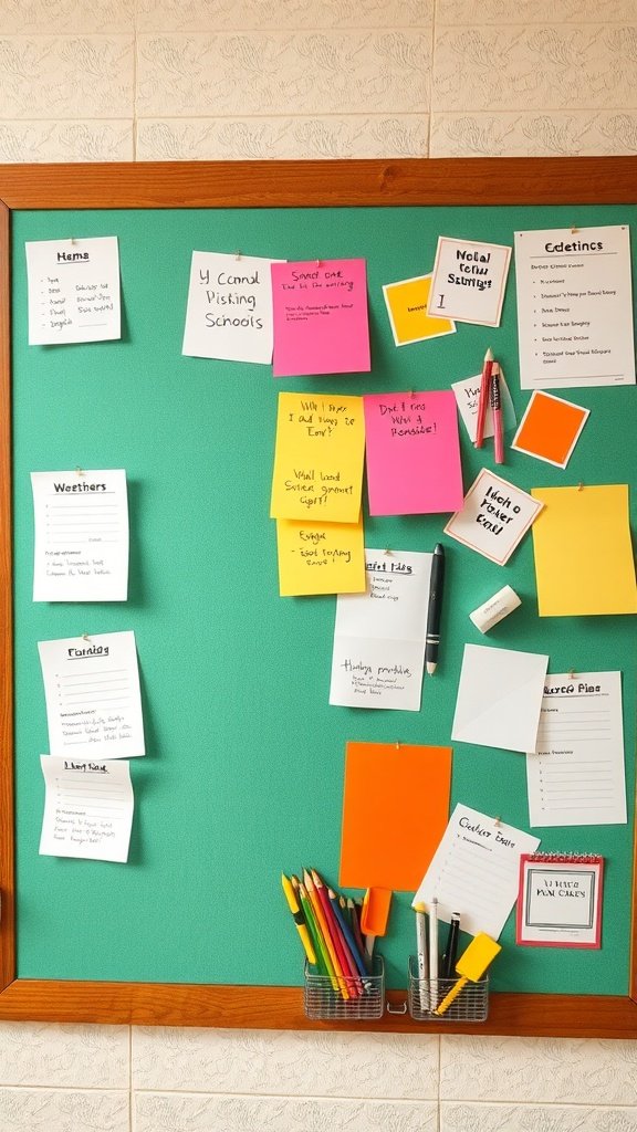 A colorful bulletin board filled with sticky notes, reminders, and pens.
