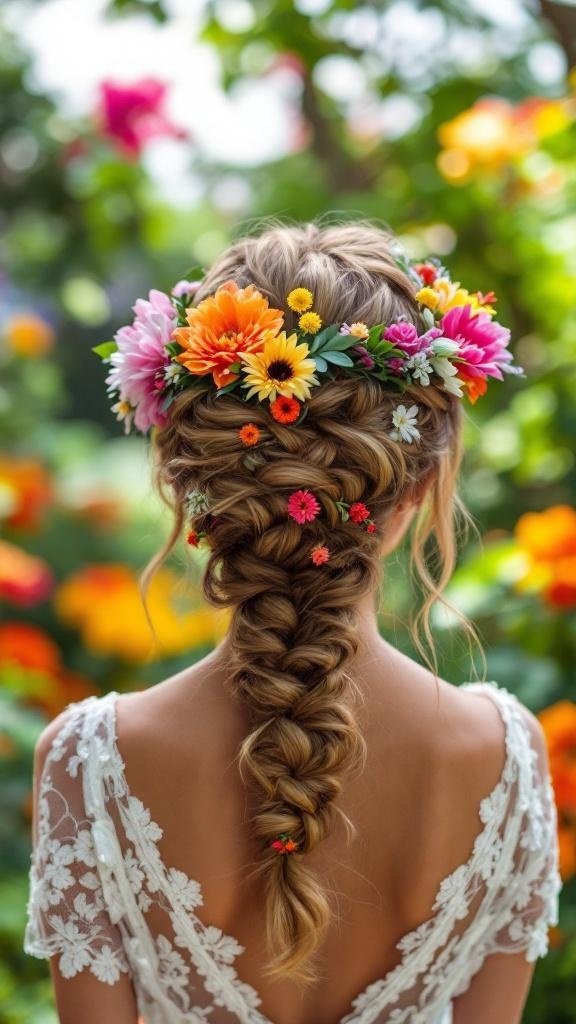 A woman with a braided updo adorned with a colorful flower crown, set against a vibrant floral background.