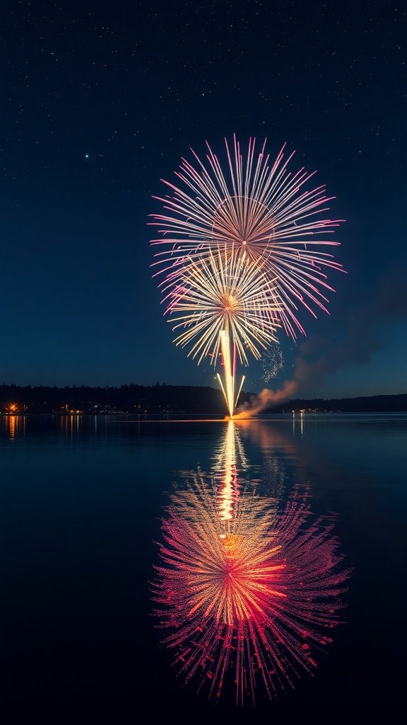 Colorful fireworks reflecting on water at night.