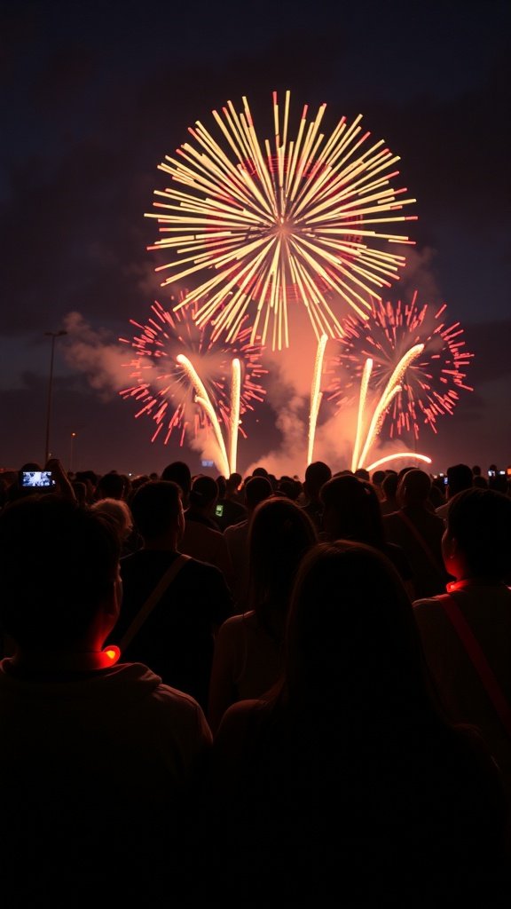 A crowd watching a vibrant firework display at night.