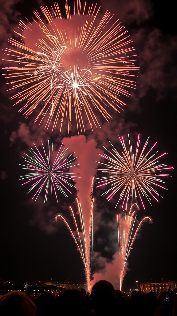 Colorful fireworks exploding in the night sky with vibrant bursts and trails.