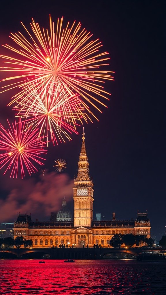 Fireworks display over an iconic landmark at night.