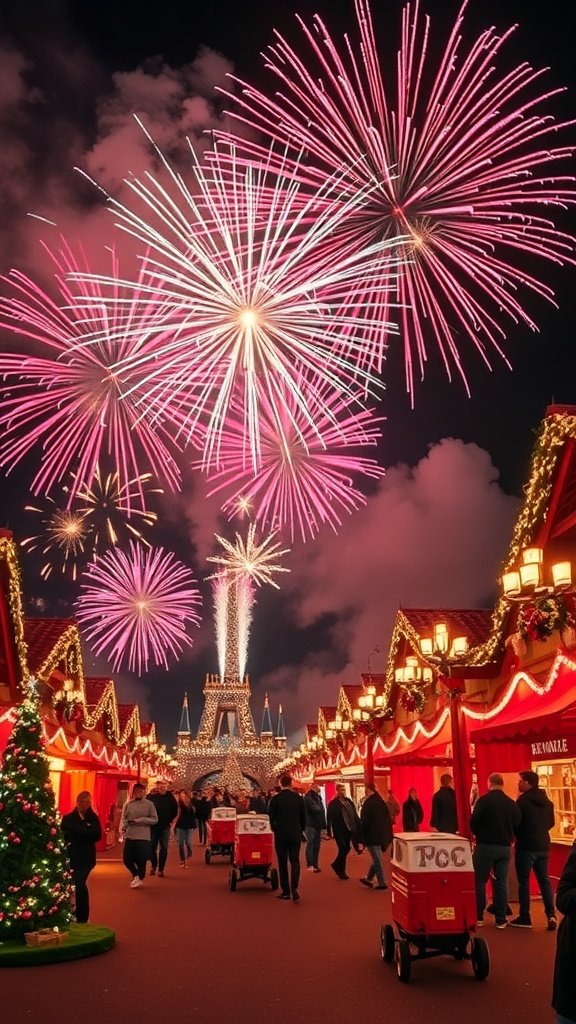 Fireworks bursting in the sky over a festive holiday market with lights and decorations.
