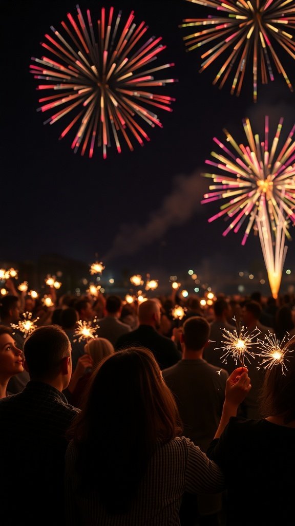 A crowd holding sparklers with colorful fireworks in the background.