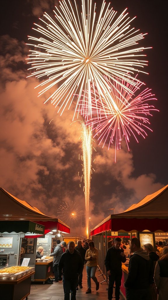 Fireworks display over a food festival with people enjoying the atmosphere.