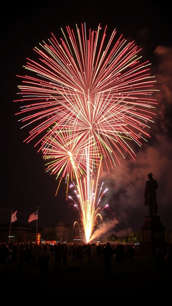 A colorful firework display lighting up the night sky with a crowd gathered below.