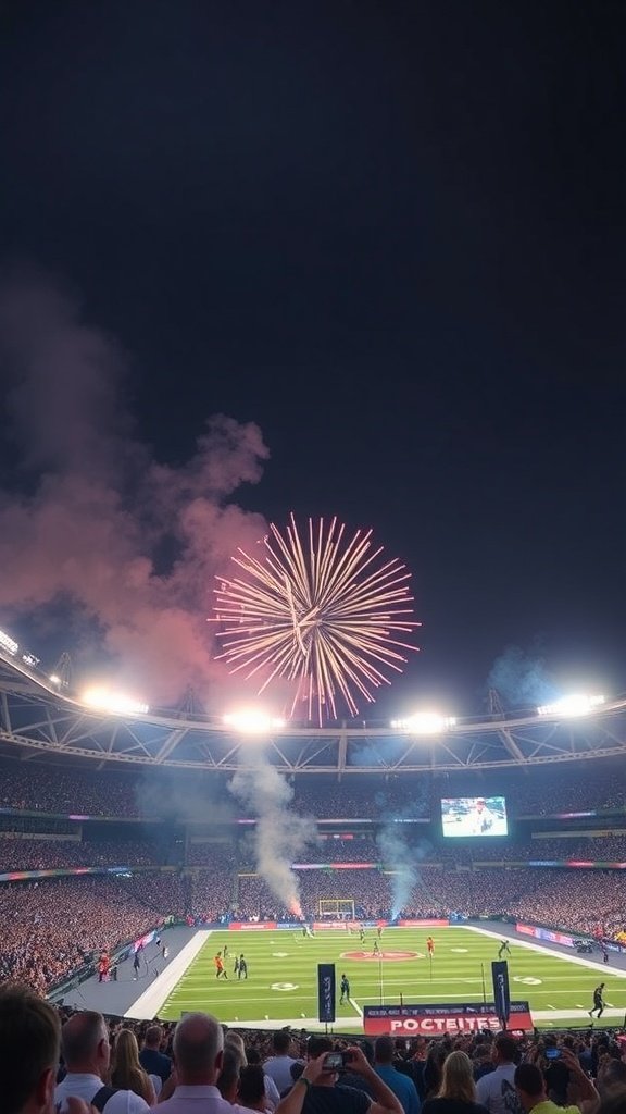 Fireworks display over a packed stadium during a sporting event.