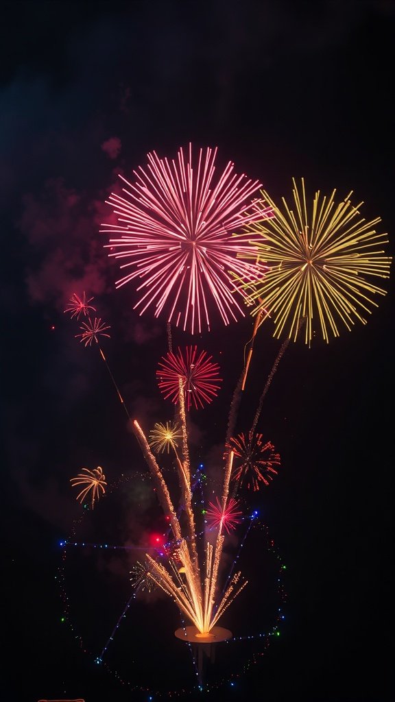 Colorful fireworks display with laser lights in the night sky.