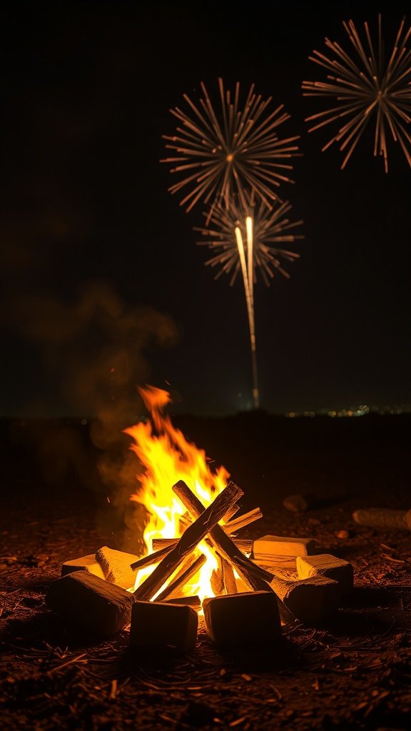 A bonfire with flames surrounded by stones, with colorful fireworks in the night sky.