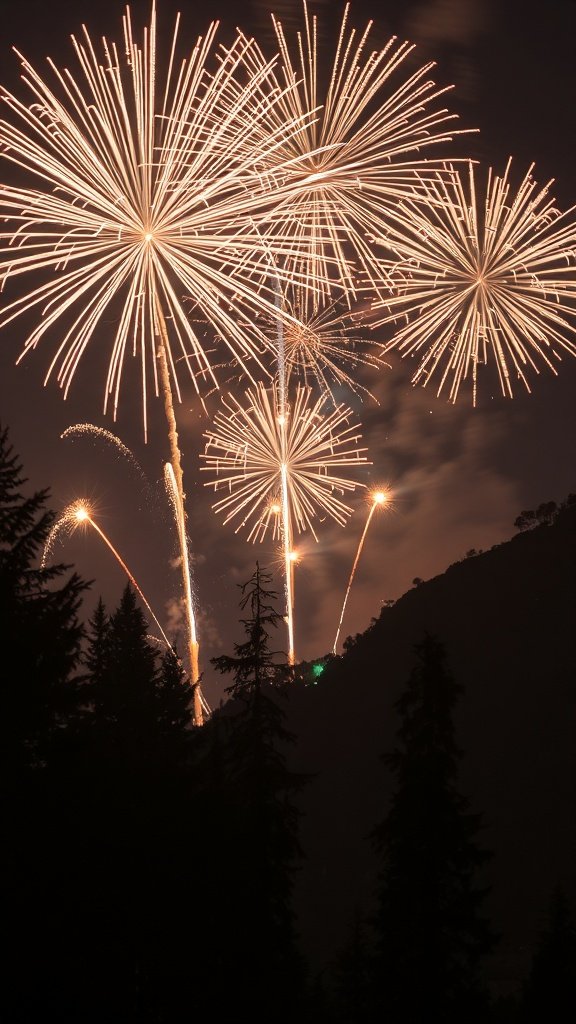 Fireworks bursting in the night sky above a forested mountain landscape.