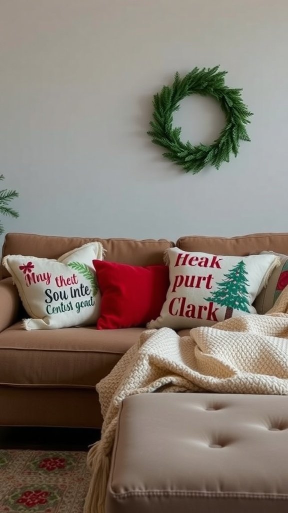 Cozy living room with festive throw pillows and a warm blanket