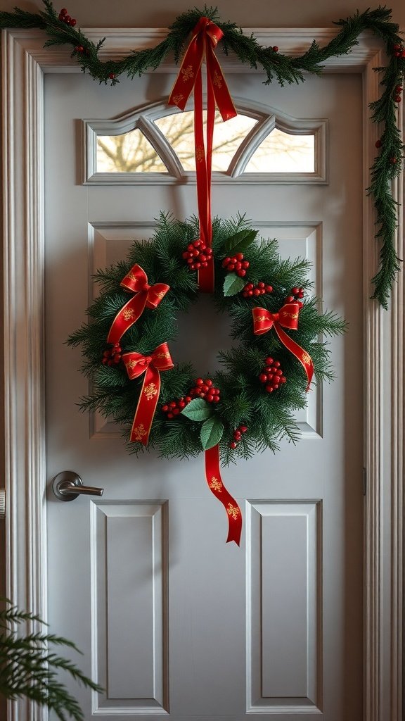 A green Christmas wreath with red ribbons and berries hanging on a white door.