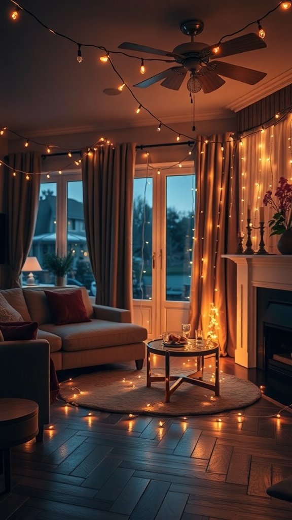 A cozy living room decorated with string lights, creating a warm and inviting atmosphere.