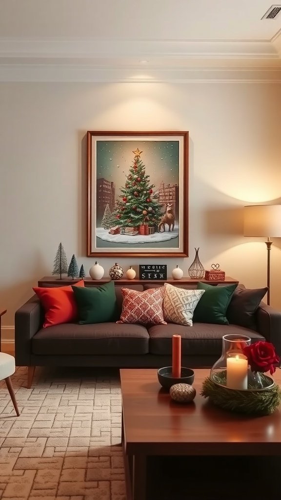 A cozy living room featuring a Christmas-themed artwork with trees and reindeer.