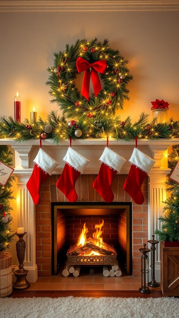 A beautifully decorated fireplace mantel for Christmas featuring a wreath, stockings, and candles.
