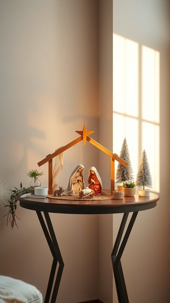 A nativity scene displayed on a table with soft lighting.