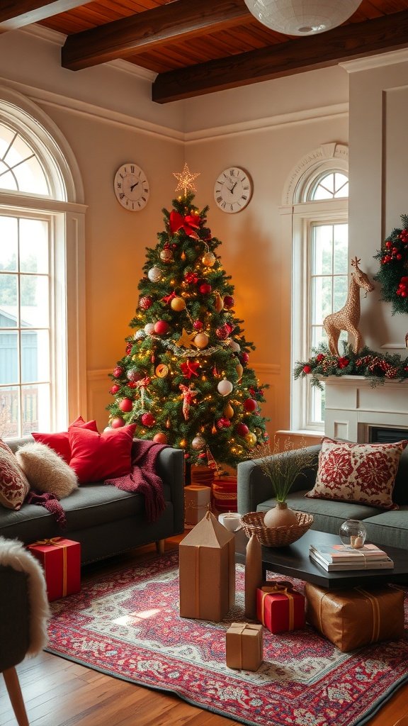A wall-mounted advent calendar with numbers and a red frame, surrounded by holiday decorations.