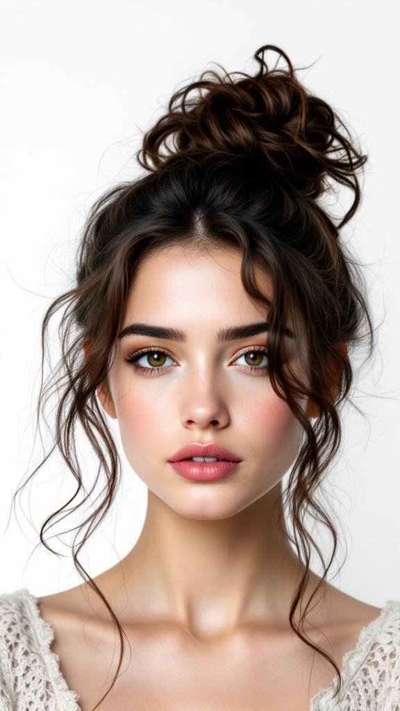 A woman with a loose bun hairstyle, showcasing soft curls around her face.