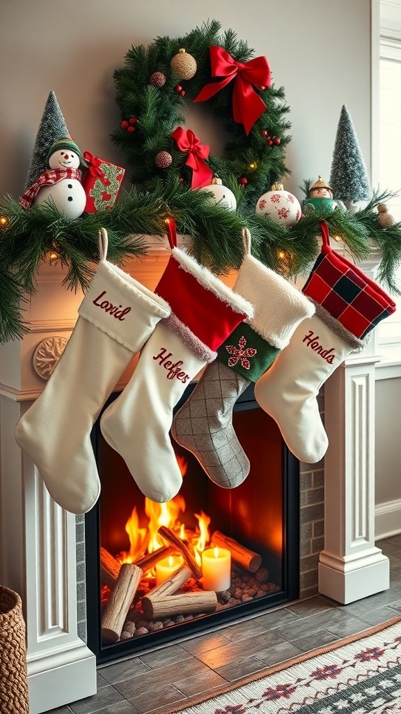 A cozy fireplace decorated with personalized Christmas stockings and festive ornaments.