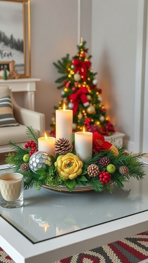 A festive holiday centerpiece featuring candles, flowers, and ornaments on a coffee table.
