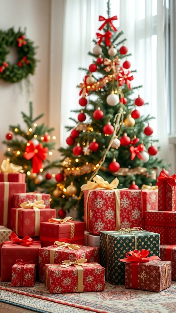 A cozy living room decorated for Christmas with a tree and beautifully wrapped gifts.